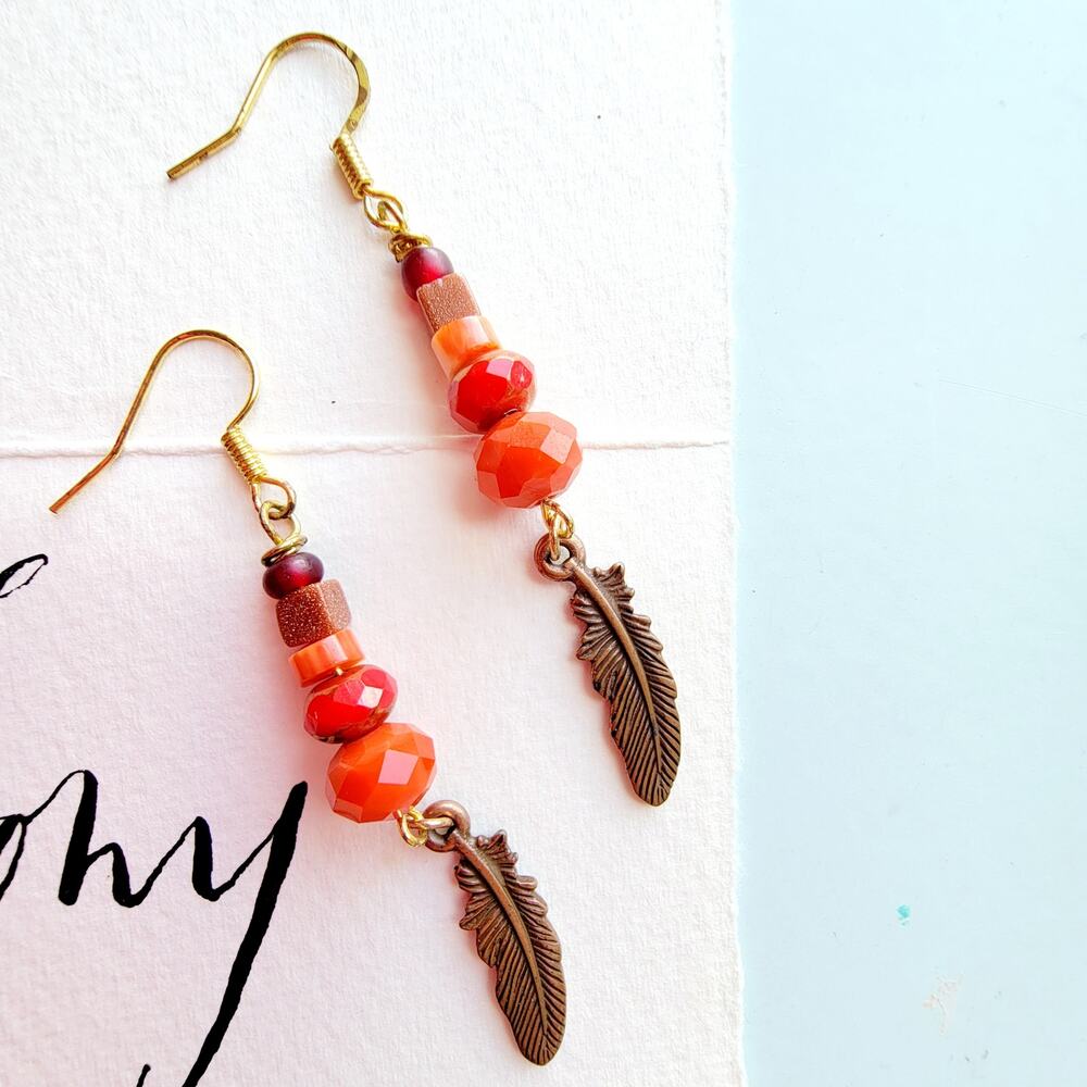 Coral Drop Earrings w Copper Feather
